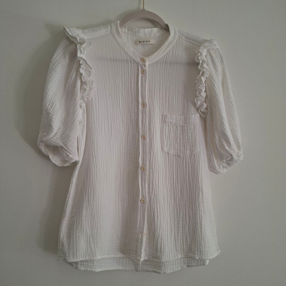 Masscob White Cotton Gauze Ruffle Shoulder Puff Sleeve Button Up Shirt M